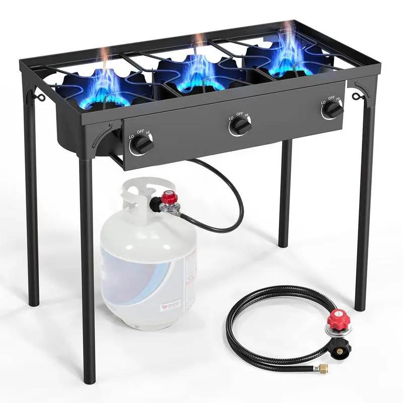 PineHome 3-Burner Propane Stove - 225000 BTU High Pressure Outdoor Portable Kitchen Appliances, Cast Iron Head, CSA Certified 0-20 PSI Regulator, Removable Legs for Camping, Tailgating, Adjustable Firepower