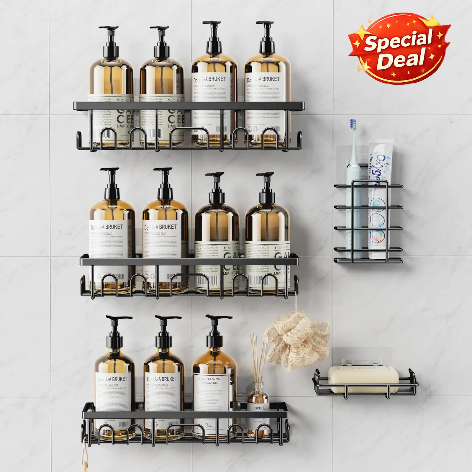 Benazcap Shower Caddy 5 Pack Rustproof Adhesive Bathroom Organizer with Soap Holder No Drilling for Bathtub Room Kitchen Home Storage Shelves Anti-rust Stainless Steel Durable Material Hollow