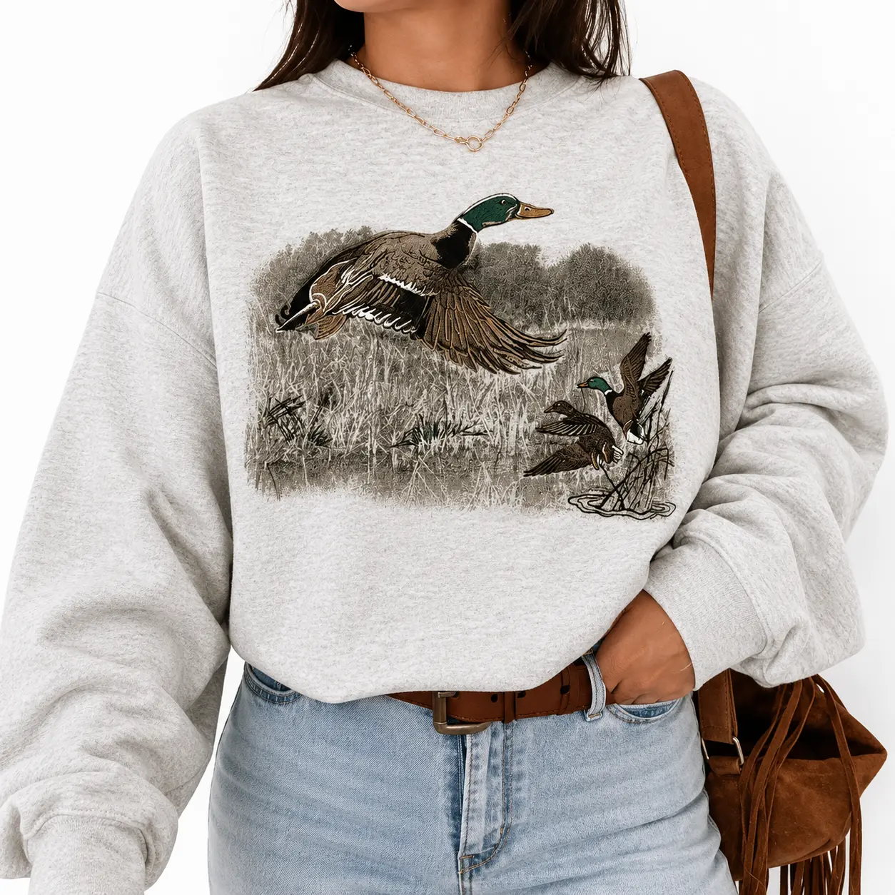 Mallard Duck Vintage Crewneck Sweatshirt - National Hunting Day Retro Hunting Season – Unisex Cotton Apparel Fathersdaygift Womenswea Fabric Hoodie