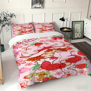 3pcs Strawberry Shortcake Theme Flower Printed Bedding Set, Base with Elements, Soft, Perfect Gift for Girls Boys