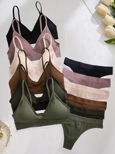 women's solid textured wireless seamless bra & panty set, casual fashion soft comfy breathable bra & panty set, lingerie set for women, thong sets, clothing