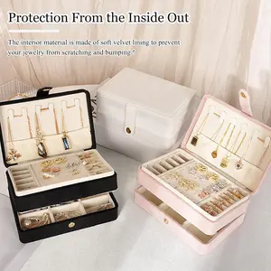 Jewelry Organizer Box, 2-Layer Large Jewelry Storage Case, Portable Travel Jewelrys Display Holder for Earrings, Necklaces, Bracelets (Beige, PU Leather)