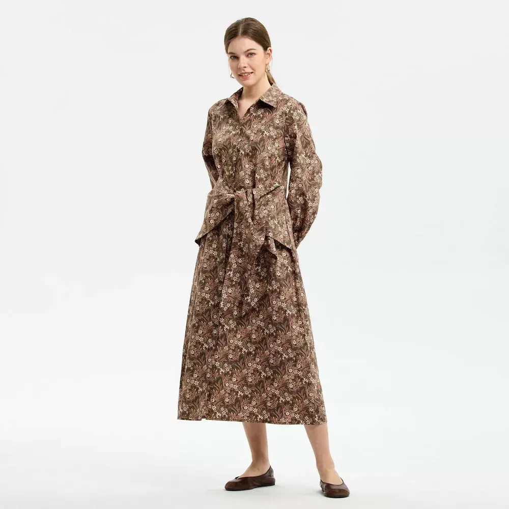 Women's Long-Sleeve Belted Front Woven Garment, Elegant Everyday Casual Maxi Shirtdress with Pocket