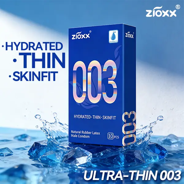 Zioxx 003 Ultra Thin Men's Condoms, Hyaluronic Acid Lubricated, Skinfit Natural Latex, 10 Count, Smooth, Soft, Barefeel Thin, Silky HA Glide, Waterclean Easy