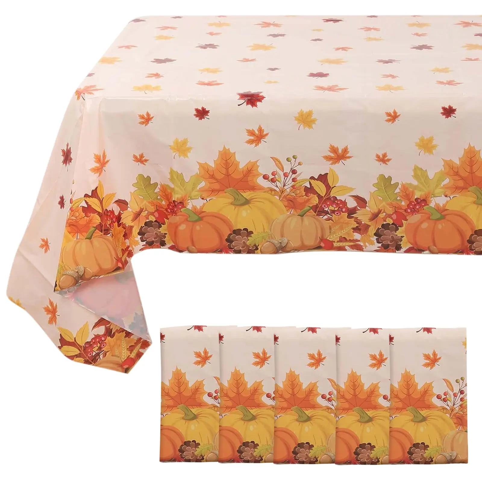 5-Pack PVC Plastic Tablecloths - 54"x108" Orange Thanksgiving Rectangle with Fall Leaf Pumpkin Print, Waterproof Disposable Covers for Celebrations, Holiday, Family Gatherings, Picnics