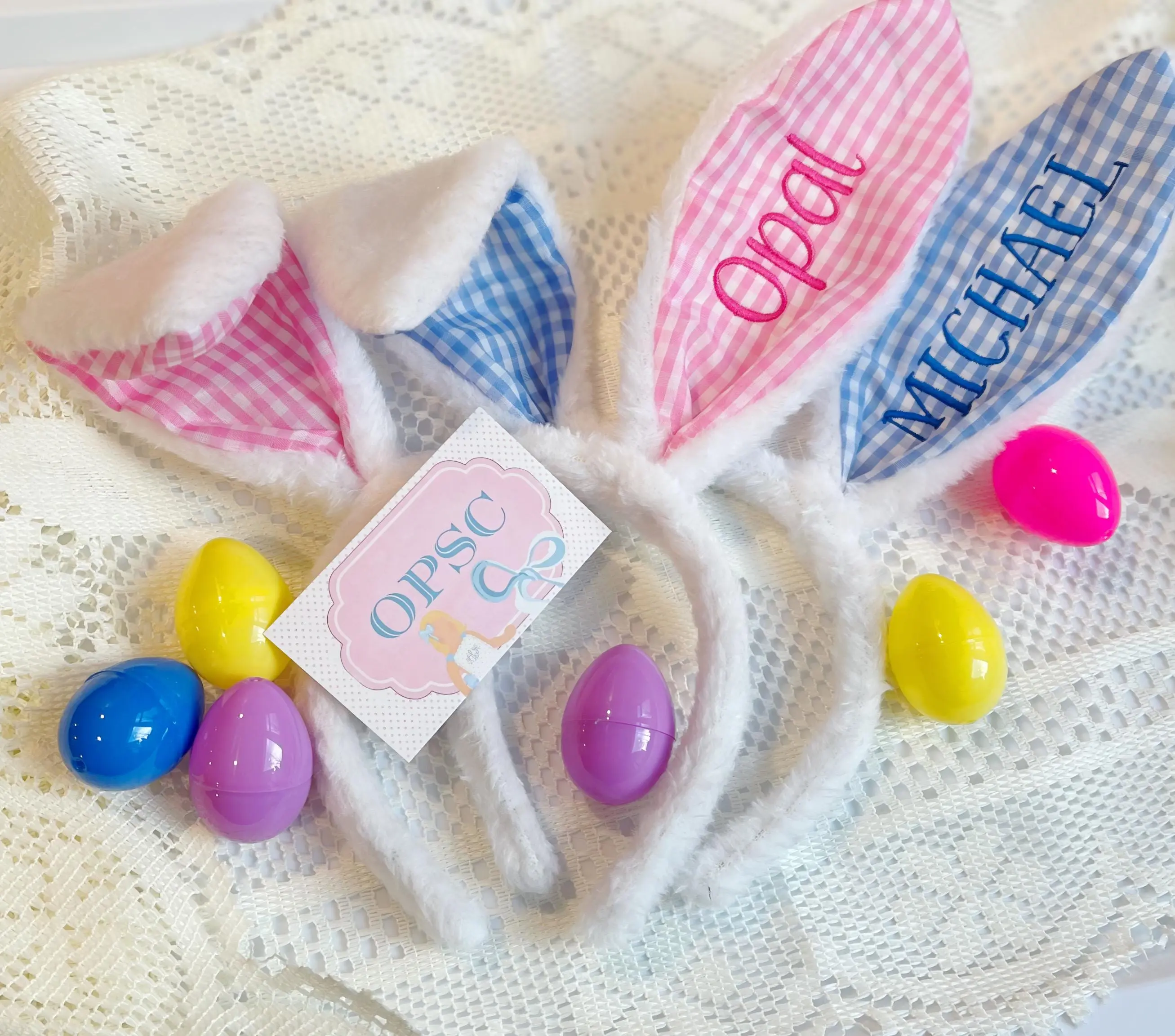 Personalized embroidered gingham Easter bunny ears headband
