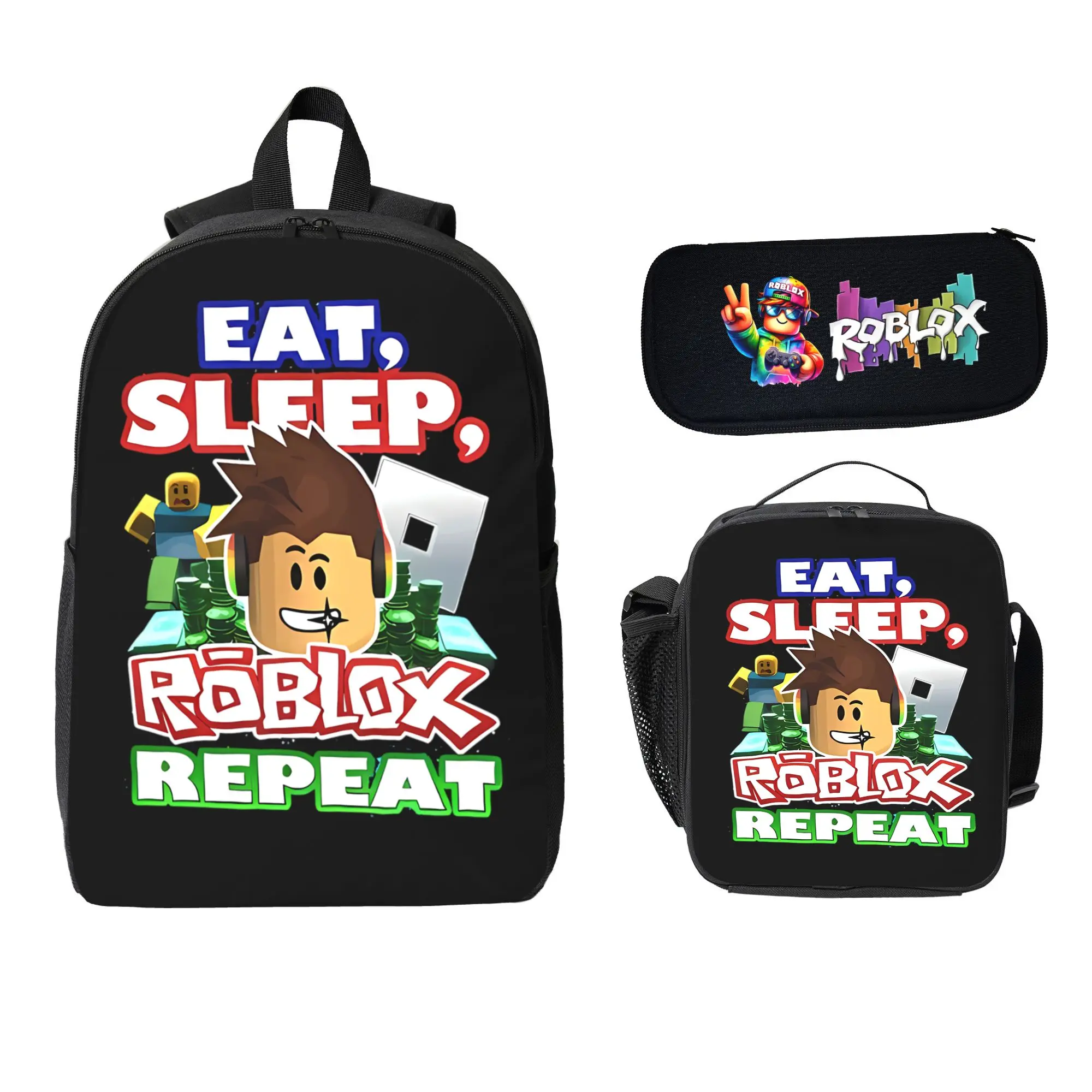 Cartoon Roblox Backpack 3pcs Set School Backpack with Lunch Bag Pencil Case Cute School Bag Bookbag