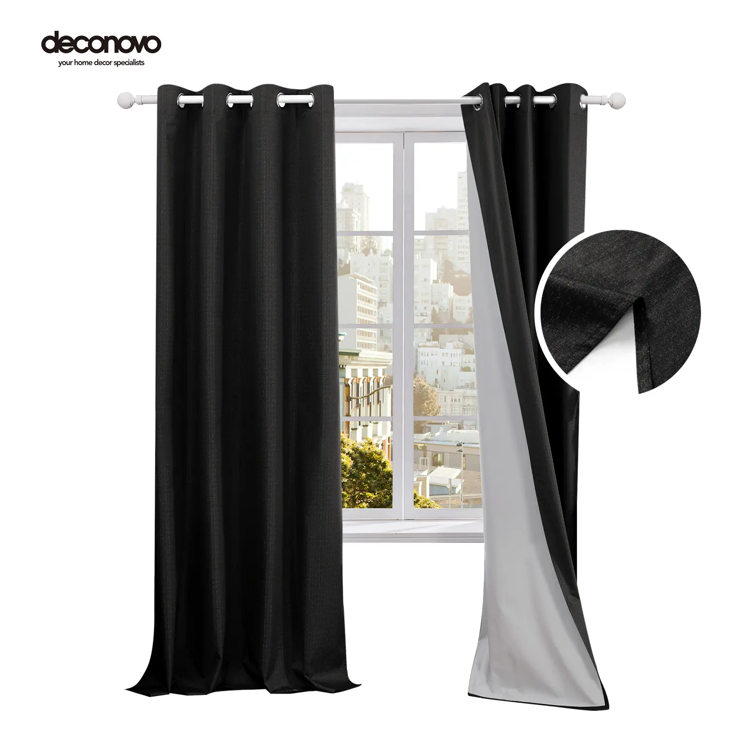 Deconovo 2-Panel All Black Grommet Blackout Curtain Panels - Breathable, Lightweight, Soundproof, Well-Stitched, Privacy-Focused, Window Drapes for Bedroom, Kitchen, Modern, Total Light Block, Handwash Below 86, Do Not Bleach, Grommet Curtains