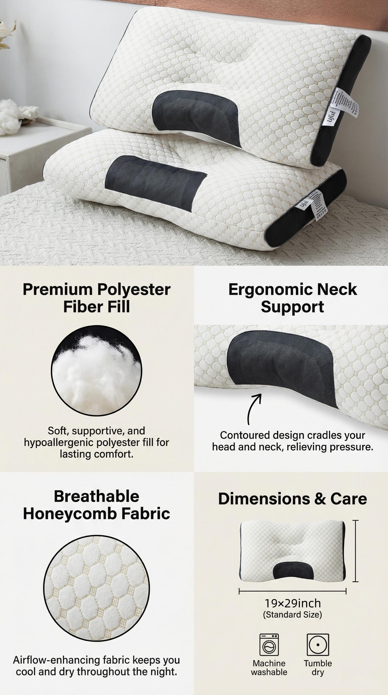 Cooling Ergonomic Cervical Pillows 2-Pack - Neck Support for Back & Side Sleepers