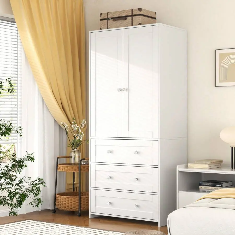 71" Tall Freestanding Wardrobe Closet with Mirror, Large Bedroom Armoire, 3 Drawers & 2 Doors Clothes Storage Organizer Cabinet (White/Black)