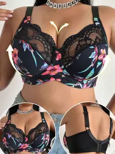 Plus Size Women's Fashion Wireless Padded Bra with Contrast Lace Romantic Floral Fantasy Elegant Push Up Adjustable Straps Black Knitted Fabric