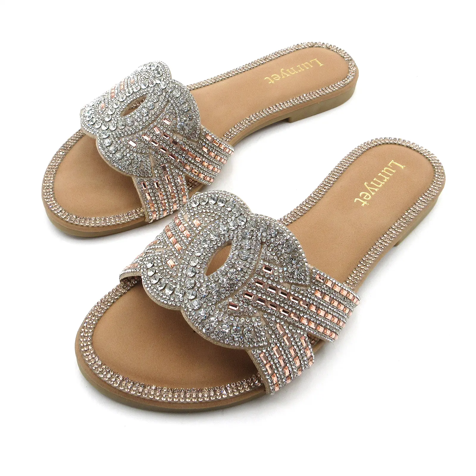 Women's Rhinestone Flat Sandals, Dressy PU Slip-On Slides with an Open Toe, Sparkly and Comfortable Summer Party Footwear