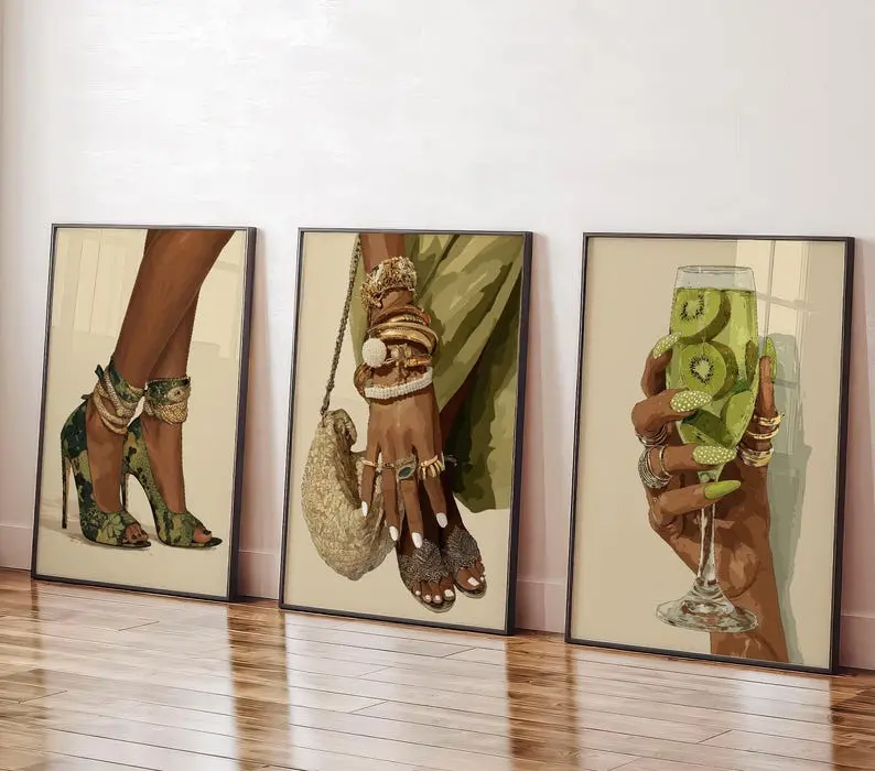 Green Luxury Wall Art Black Woman Fashion Afrocentric Queen Digital Print High Heels Jewelry Style Modern Urban Home Decor African American Decoration Gift