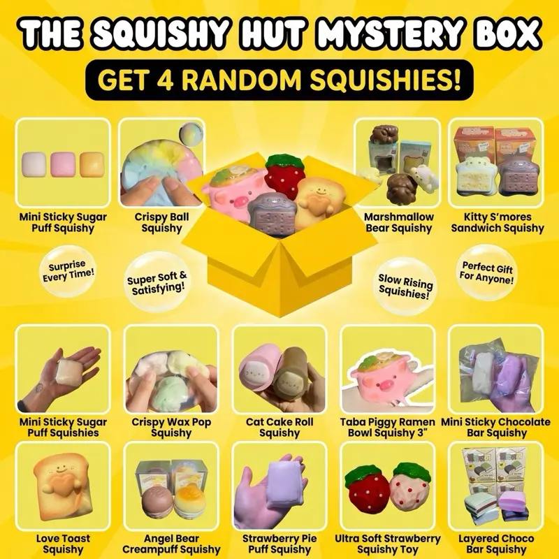 4-Piece Random Squishy Mystery Box, Kawaii Slow-Rising Squishies, Cute Sensory Fidget Toy Surprise Pack