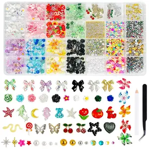 Complete Nail Art Kit, 28-Piece 3D Mixed Rhinestone Flower Bow Set, Nail Art Charms ,  3D Nail Decorations ,  Nail RhinestonesBeginner Nail Tool Kit, Essential Manicure Accessories，Aesthetic Nail Charms Set，