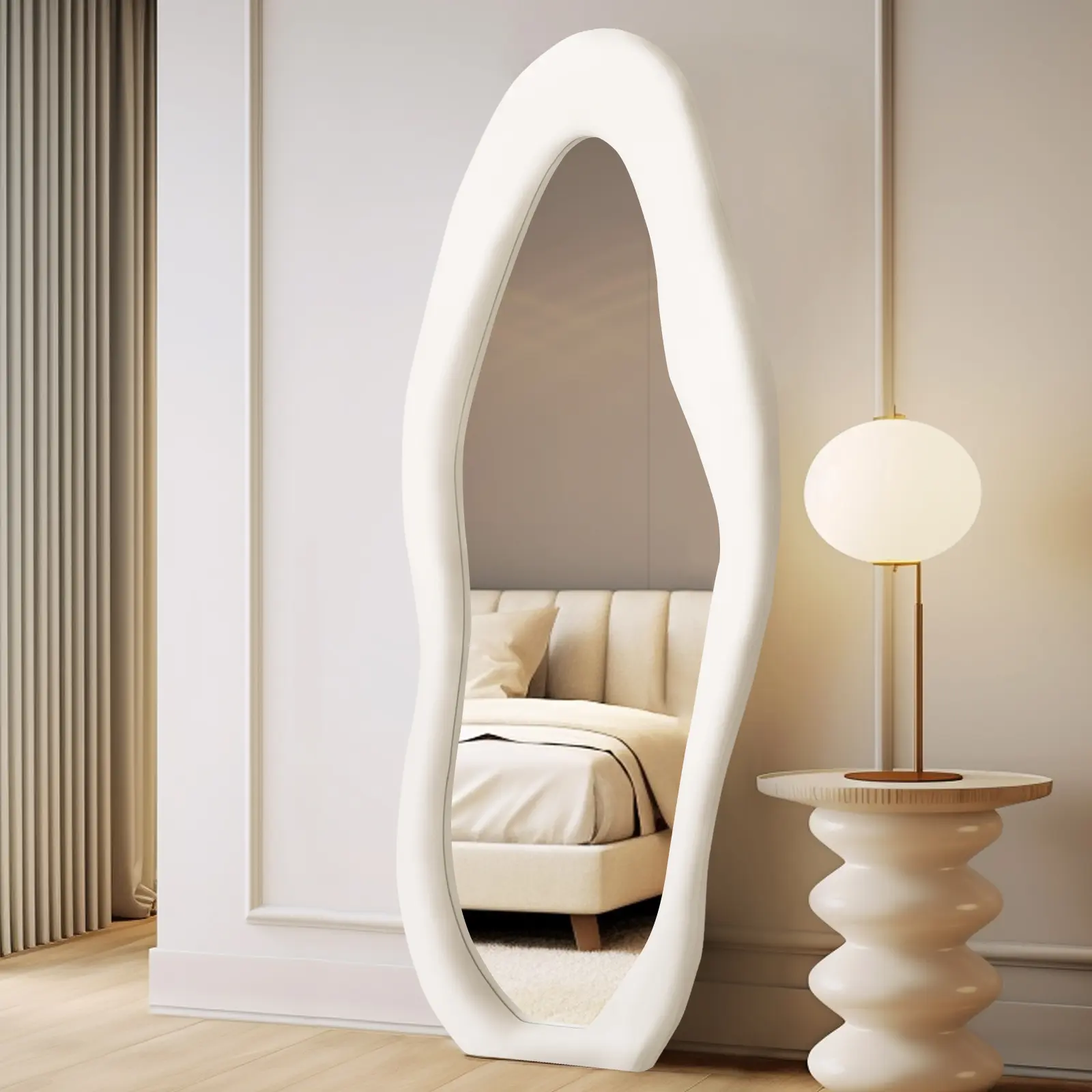 Irregular Full Length Mirror with Ivory Flannel Frame Full Body Mirror Leaning Hanging Wall Mirror for Hanging or Leaning for Bedroom, Cloakroom and Living Room Decor Elegant