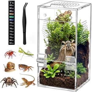 Pre-Assembled Jumping Spider Enclosure Acrylic Terrarium with Magnetic Door & All-Side Ventilation Habitat for Spiderling Mantis Tarantula Snail 3.5"×3.5"×7" Tweezer & Temp Sticker Included