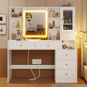 SIKAIC Makeup Vanity Desk with Charging Station 3-Layer Jewelry Box Sliding Mirror LED Lights and Storage Drawers for Bedroom Home Cosmetics Dressing Tables Bedroom Furniture Mother's Day Gifts Organizing Beauty Tools Minimal Design