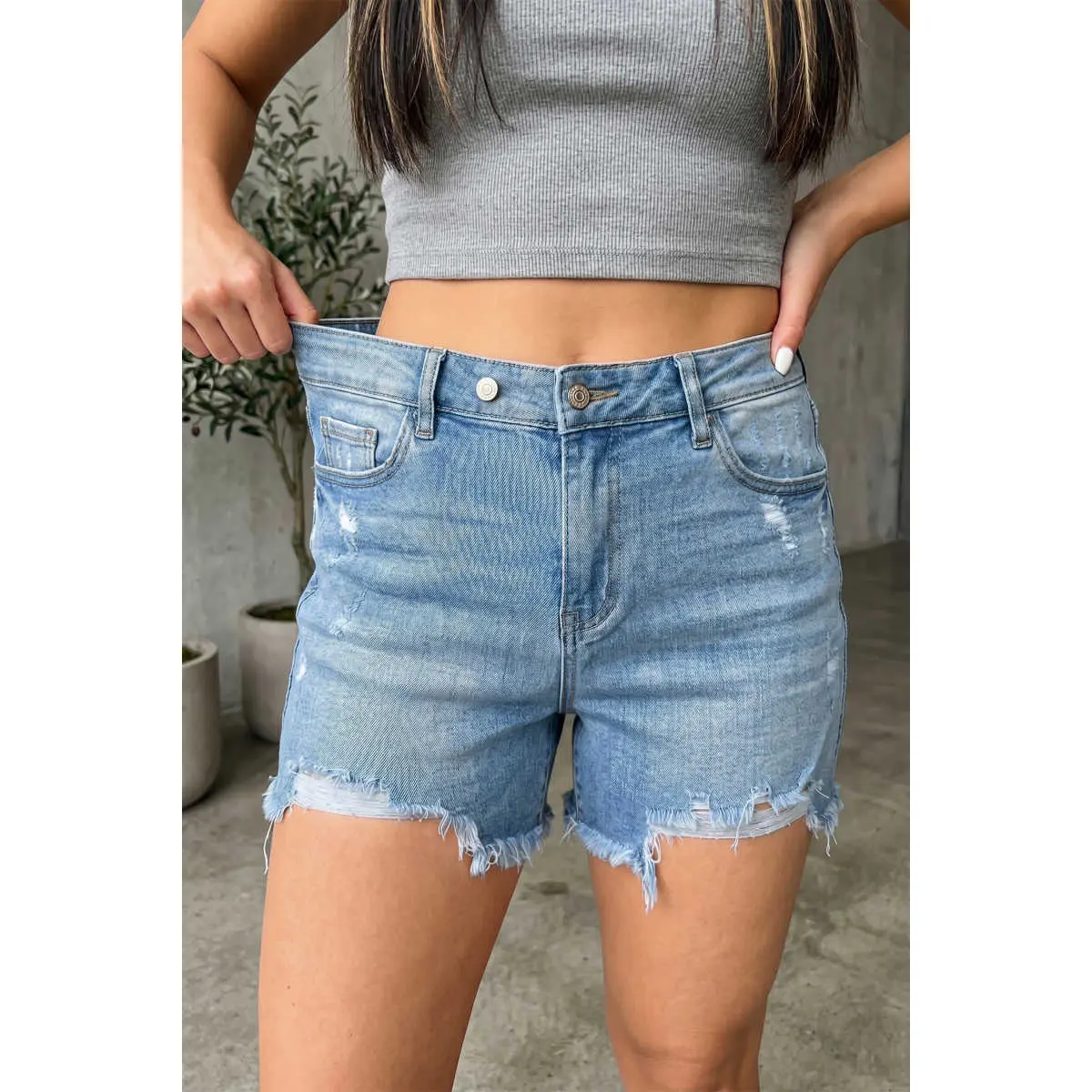Beau Blue Asymmetric Raw Hem Distressed Whiskery Denim Shorts