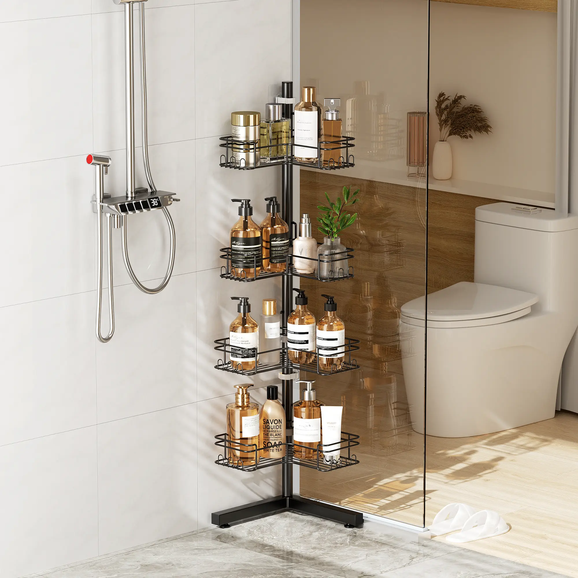 YECAYE 4 Tier Adjustable Corner Shower Caddy, Standing Corner Shower Caddy, No-Drill Tension Pole, Rustproof Adjustable Shower Shelves & Hooks for Shampoo, Loofah, Bathtub Shampoo Storage – Quick Assembly, Black Rack