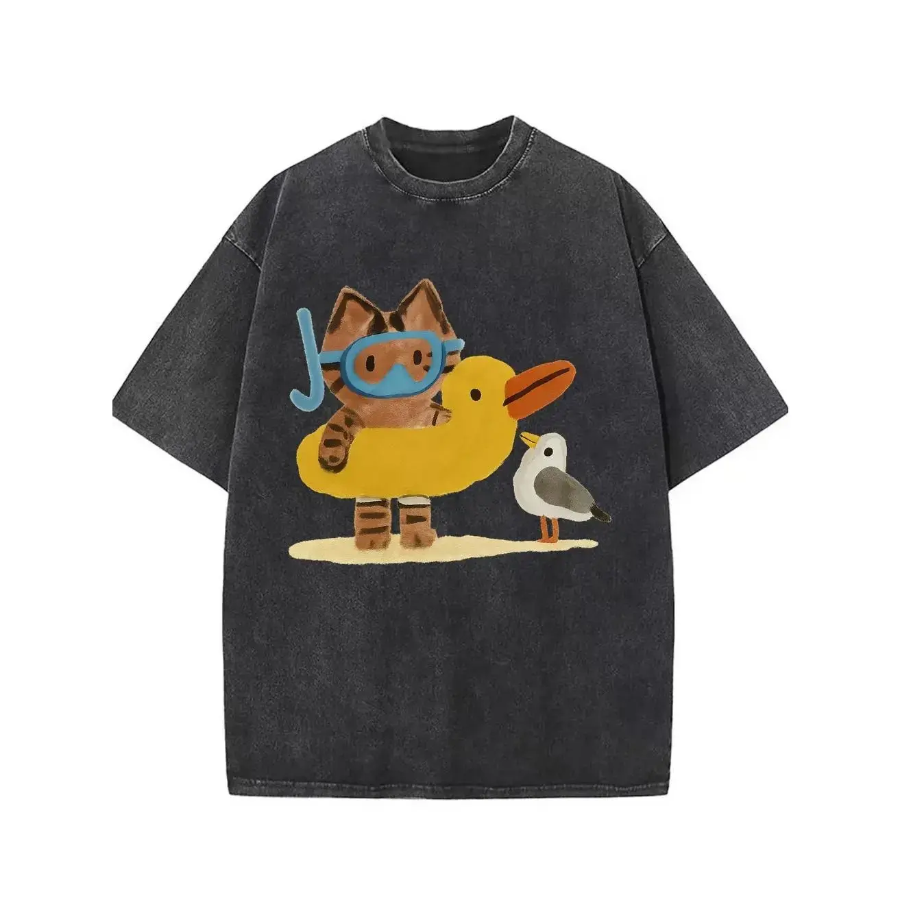 Men's Vintage Washed Graphic Tee - 100% Pure Cotton Short Sleeve T-Shirt with Retro Diving Cat & Seagull Print. Soft, Breathable Oversized Streetwear for Everyday Casual Outfits. Perfect Valentine's Day Gift for Him. Y2K Aesthetic Faded Cloud Tops Now.