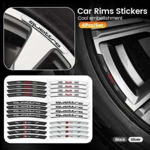 4PCS Car Logo Aluminum Stickers Rim Decals For Car Wheel Hub Decoration For AUDI S RS A3 A4 B8 8P 8V A6 C7 A5 Q5 B7 B6 B9 Q7 A1 Accessorie Car Accessories