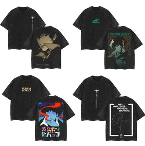 [KM 100%cotton]Vintage Cowboy Bebop Anime Double Printed Vintage Washed Tee Unisex Oversize Anime Manga Washed Heavyweight Cotton T-Shirt Gift for Anime Fan Anime Lover funny
