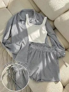 2 Striped Two Piece Set Women | Oversized Long Sleeve Button Down Shirt & Drawstring Shorts, Tank Top NOT Included | Casual Loungewear for Daily Wear Vacation Womenswear
