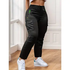 Women's Heavy-Duty Mid Waist Cotton Cargo Bottoms - Full-Length Straight Legs, Multi-Zipper Pockets with Neon Green Zippers, Belt-Like Drawstring, No-Leg-Slip Design, Minimalist Basic Clothes, Dry Clean Pants for Outdoor, Spring/Fall