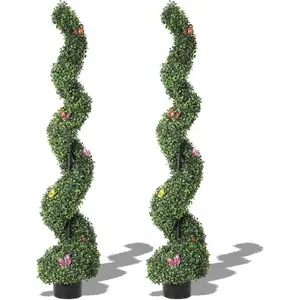 Set of 2,5ft Artificial Boxwood Spiral Topiary Trees with Insect Decorations,UV-Resistant Evergreen Faux Plants for Indoor & Outdoor Decor