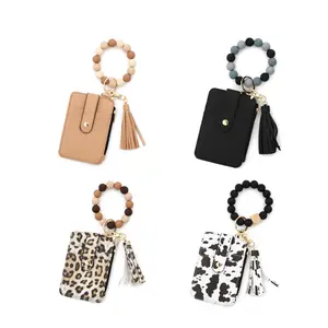 Elegant Leather Wallet Keychain Card Holder Organizer Card Bag, Silicone Beaded Bracelet Design, Casual Women's Accessory for Daily Use & Travel