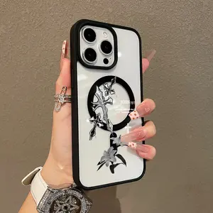Adorable Magnetic Case for iPhone11/12/13/14/15/16/17/promax Crosses and Lilies Black White Art MagSafe Compatible, Lightweight, Anti-Fall | Girly & Chic Style