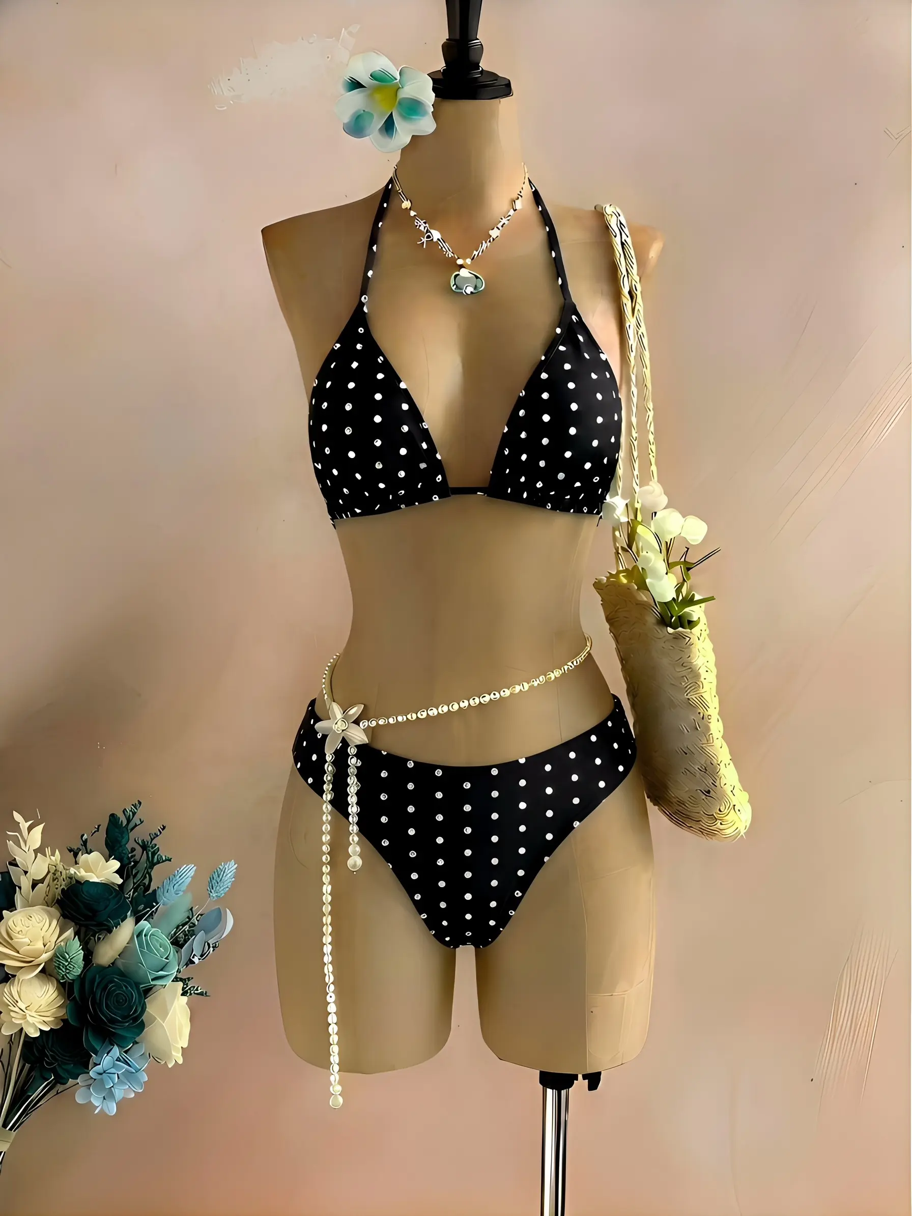 Women's 2026 Summer Polka Dot Print Halter Neck Swimsuit With High Cut Bottoms, 2-Piece Bikini Set