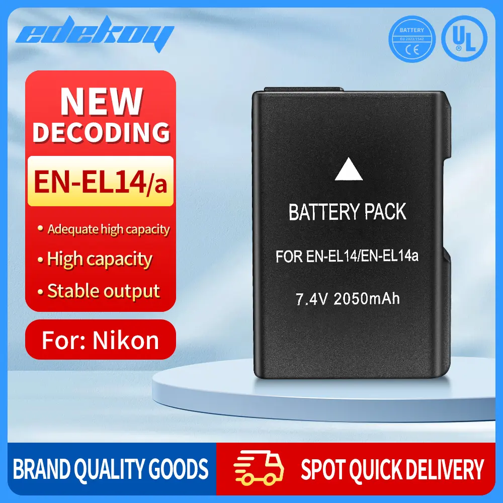 EDEKOY 2-Pack Rechargeable 2050mAh Lithium Ion Batteries (EN-EL14), Premium Battery Cell Camera Accessories with Long Runtime, Compatible with Nikon Devices, Includes Free Black Smartphone Camera & Vlog Kit Memory Protection