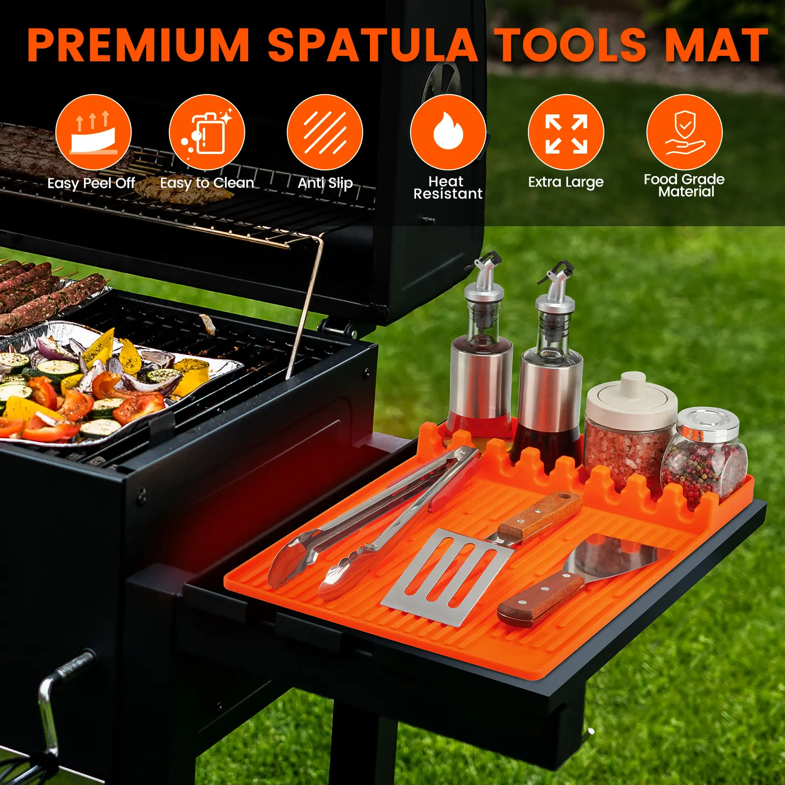 TRZZ Blackstone Silicone Grill Side Shelf Mat - 16x11.5in Home Griddle Accessory, Lightweight, Durable, Anti-Slip, Heat-Resistant, Oil-Proof, Waterproof, Foldable Barbecue Utensils Holder for Spatulas, Tongs, Sauces, Dad Gifts, Summer Outdoor Cooking, 8‑S