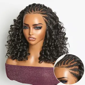 Flash Sales Glueless Pre Cut Plucked Lace Boho Braided Loose Deep  Lace With Braided Human Hair Wigs Curly Deep Wave  Short Wig  Pre-Braided Bouncy Curly Ear-to-ear Frontal Lace Wig