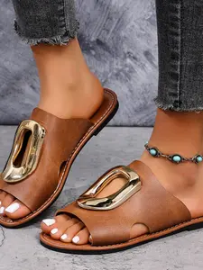 Women's Fashionable Flat Dress Sandals, Comfortable Backless Leather Slides, Summer Stylish Footwear, Durable Craftsmanship & Soft Material for All Day Comfort, Footwear Strap Slides, Dressy Flat Sandals, Casual Summer Sandals