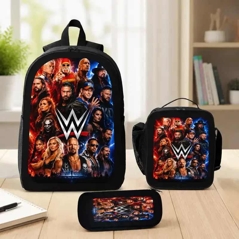 WWE American Undertaker 3-Piece Backpack Set - Wrestling Legend-Inspired Back to School Gear with Lunch Bag, Pencil Case, Ergonomic Shoulder Straps, Lightweight, Wheelless, Strong Visual Identity for Students (Luggage & Bags)