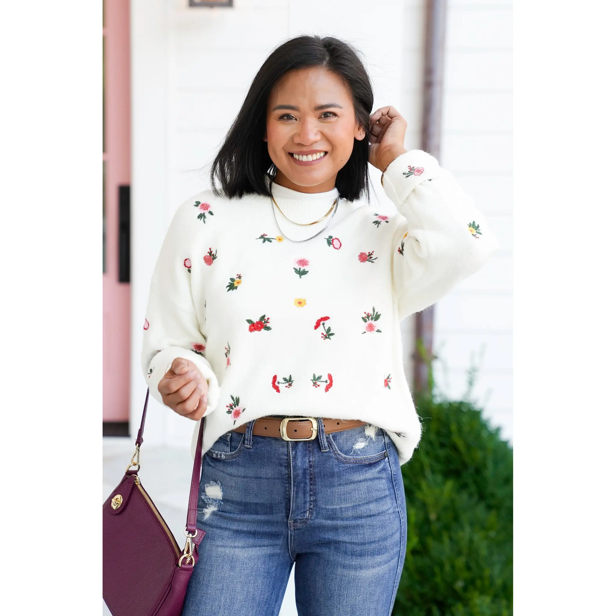 Restock! Floral Embroidery Long Sleeve Knit Sweater