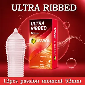 JISSBON Ribbed Condom, 52mm, with Ribbed Design for Double Pleasure and Intense Stimulation Threads! Designed for intense sensory experiences, natural latex