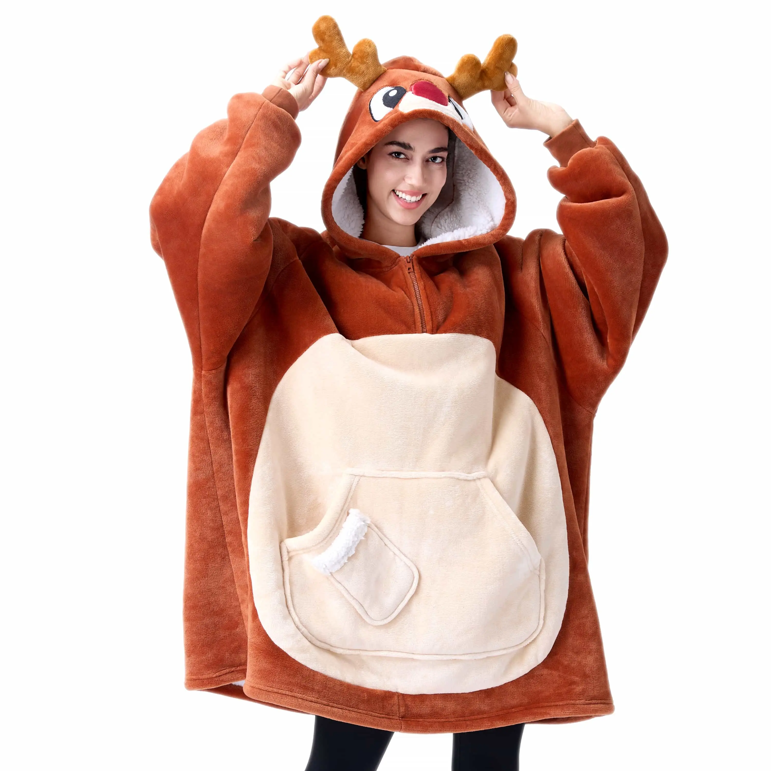 Christmas 2025 Gifts Giggling Getup Christmas Wearable Blanket Hoodie - Oversized Soft Sherpa Fleece Hooded Blanket - Warm Cozy Flannel Blanket Sweatshirt with Giant Pocket & Sleeves - Reindeer Gift for Adults Women Men
