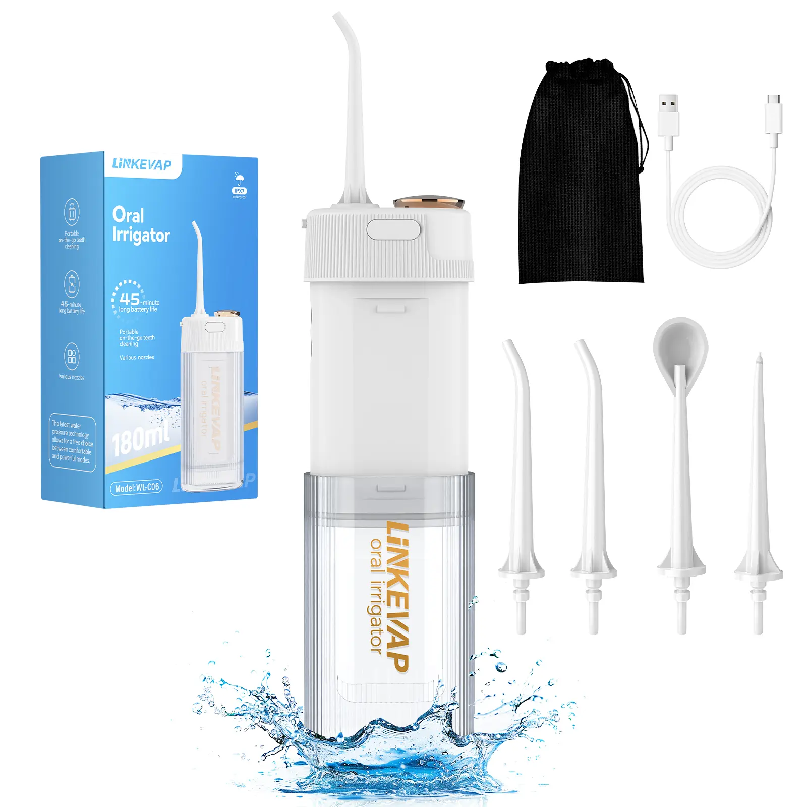 LINKEVAP Cordless Waterproof Water Dental Flosser - USB Rechargeable Oral Irrigator with 180ml Removable Tank, 5 Nozzles for Home & Travel Teeth Cleaning, Bacteria Fighting, Braces Care, Water Proof