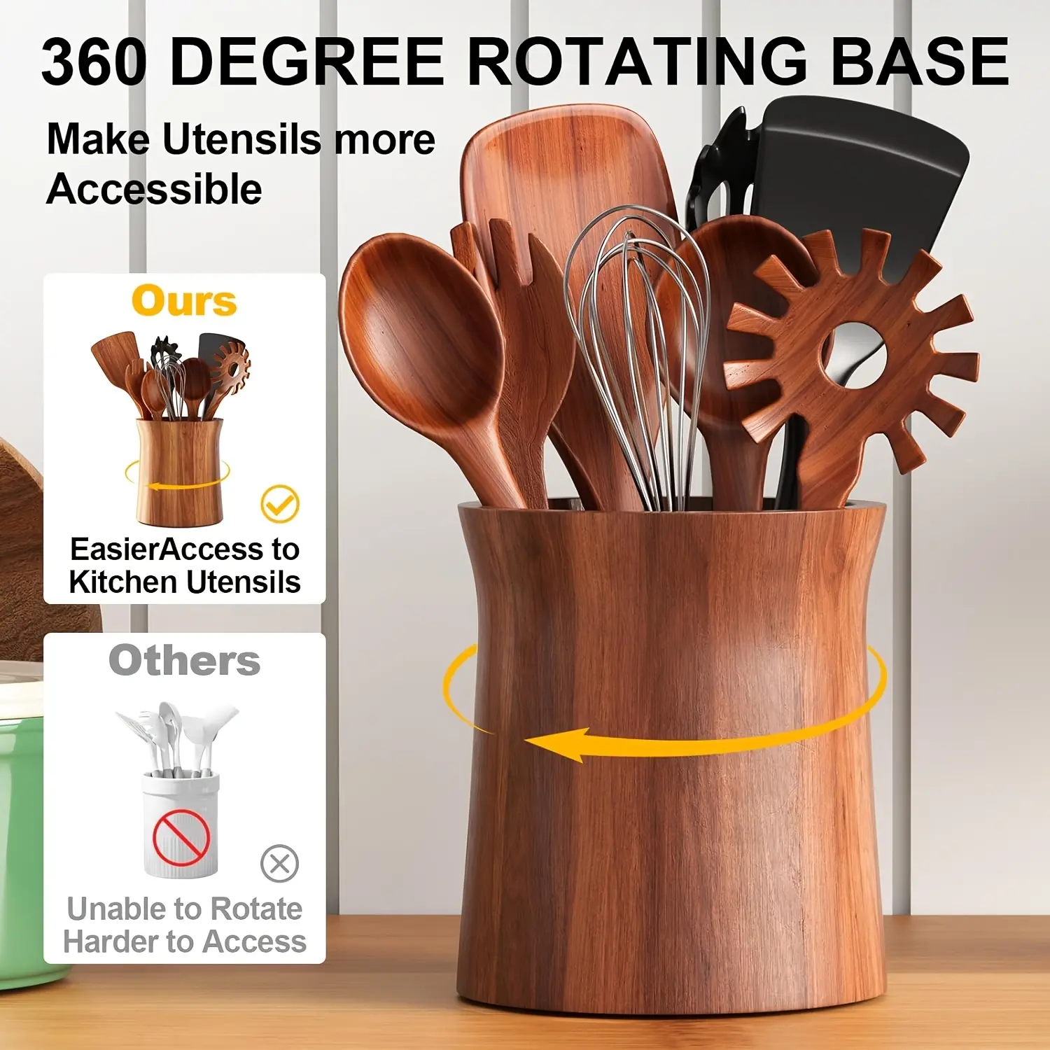 rotating utensil holder Farmhouse Wooden Rotating Utensil Crock Smooth 360 Degree Rotating Base Acacia Wood Kitchen Tool Holder, Multi-purpose Countertop Utensil Storage Container kitchen counter organizer