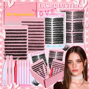 Eyelash Cluster Kit, D Curl Wispy Volume Cluster Lashes, Fluffy Dense Long Curled DIY Lash Extension Set, Multiple Lengths Styles, Includes Lash Bond & Seal, Precision Tweezers & Brush Makeup Natural Evil Eye Style for Girls Women Mother's Day