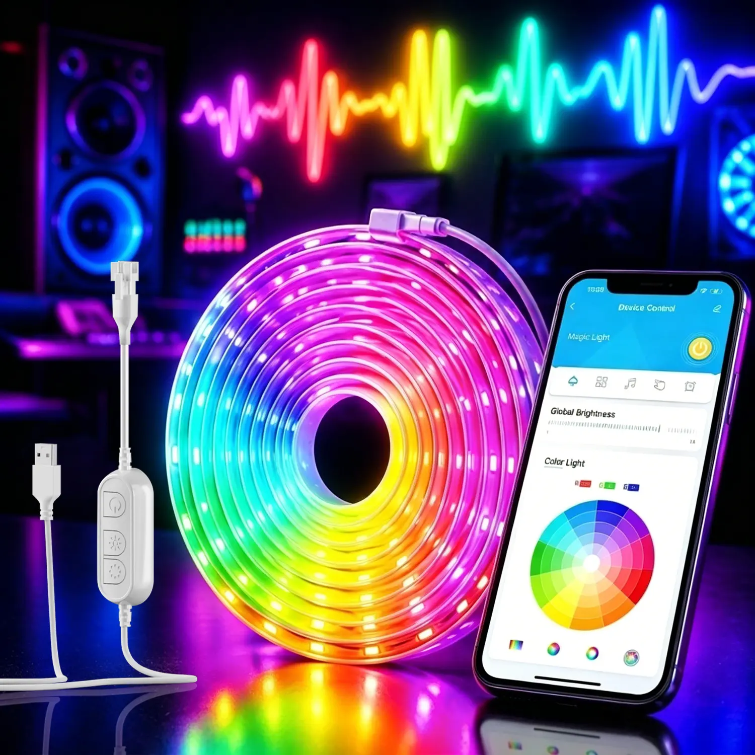 DAYBETTER 5V Neon Rope Lights 16.4ft，Neon Strip Lights with App Control | USB Powered Music Sync Flexible DIY Design,RGB LED Strip Lights for Bedroom, Living Room， Party (with Adhesive Backing)