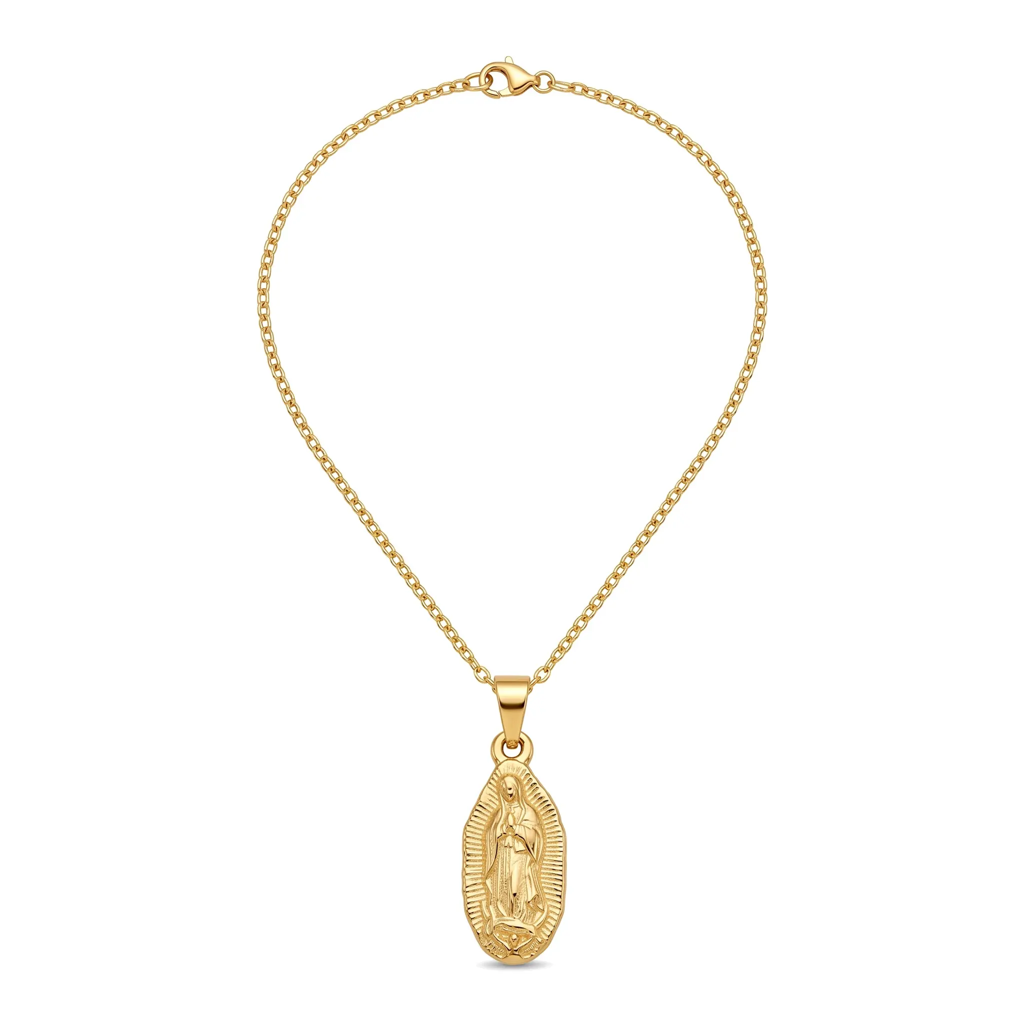 Gold Our Lady of Guadalupe Oval Disc Necklace - Gold Chain, Virgencita Maria Rosa Pendant, Catholic Christian Holy Mother Emblem Metallic Disc Charm Necklace, Gold Chain Necklaces, Emblem Necklaces