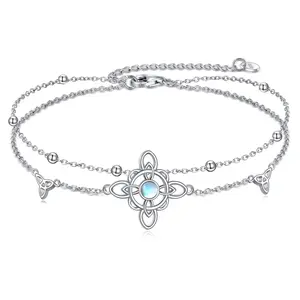 Wiccan Witch's Knot Layered Chain - Sterling Silver Adjustable Bracelet/Anklet with Moonstone, Versatile Mystical Jewelry for Her