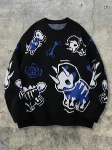 Men's Street Style Dinosaur Print Long Sleeve Round Neck Sweater, Casual Loose Fit Pullover for Spring & Fall Daily Wear