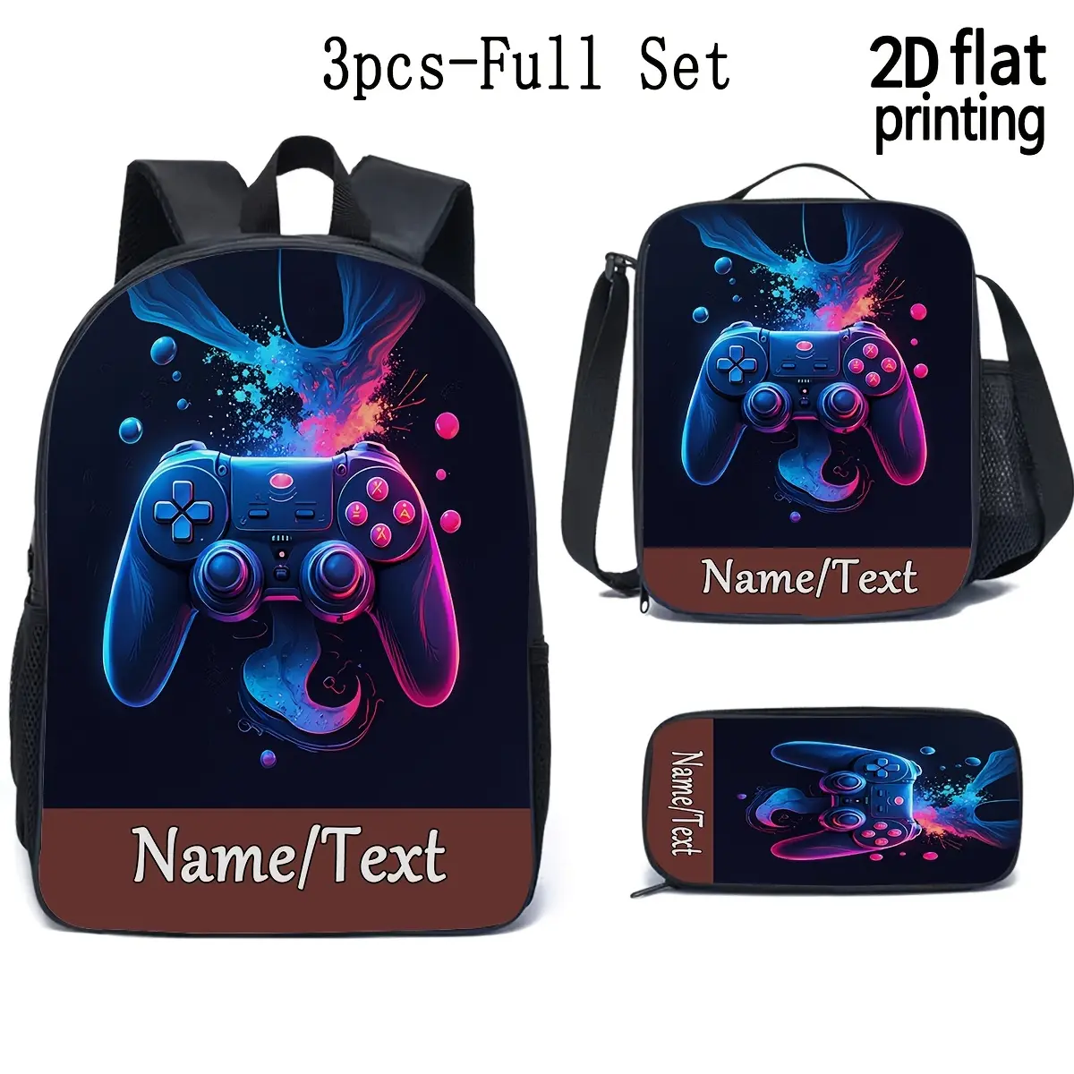 1/2/3PCS backpacks, shoulder bags, personalized text/name customization/pockets with 2D printed graphics of game controllers; Urban street style is very suitable for young people commuting, going out, or traveling. 2D graphic design.