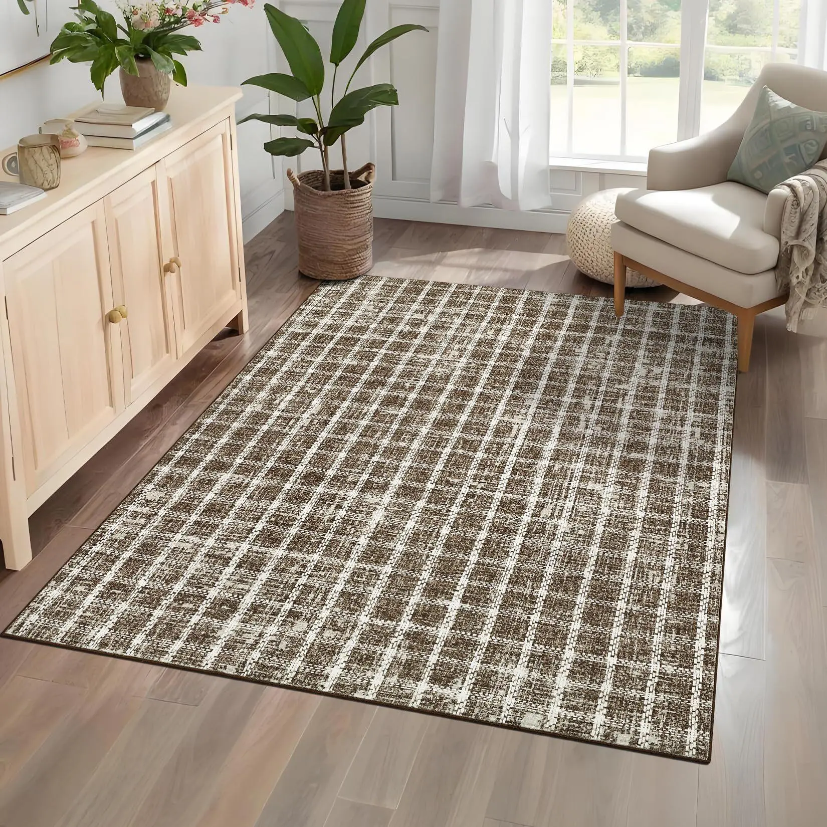 Taupe 5x7 Faux Wool Low-Pile Checkered Checkerboard Runner Rug - Machine Washable, Stain Resistant, Non-Slip Geometric Indoor Carpet for Home, Office, Checkered Bag